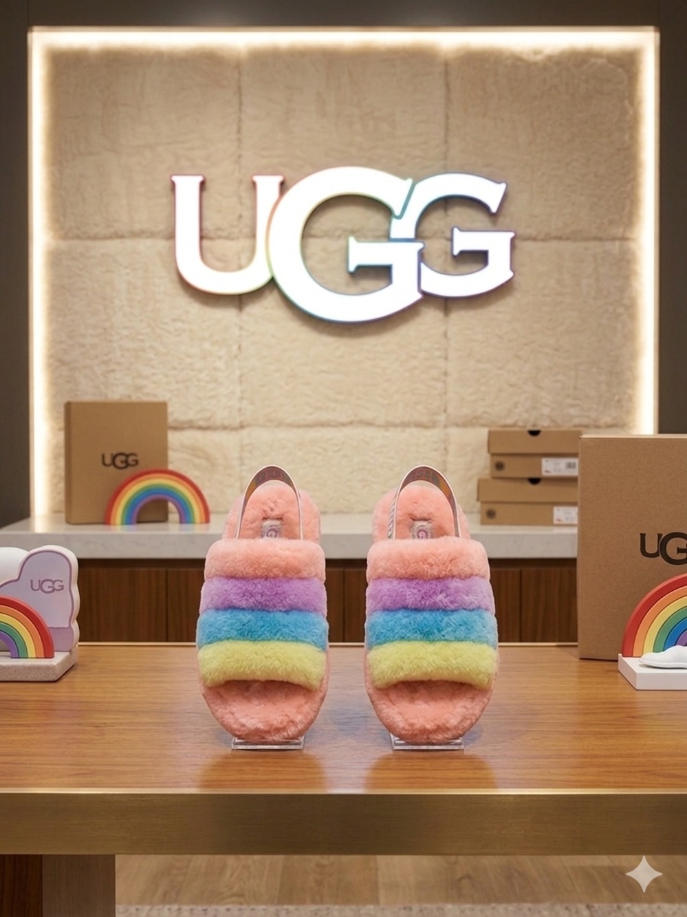 UGG Fluff Yeah  Rainbow Slide Slippers Size 4 Kids / 6 Women